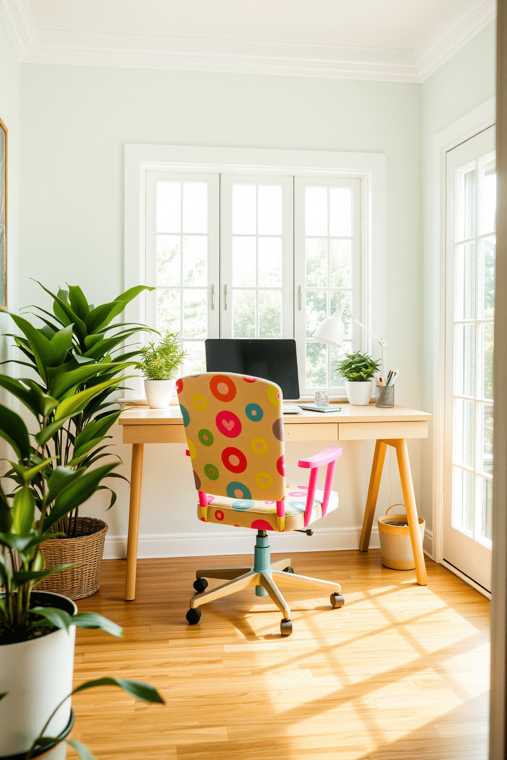 A bright and airy summer home office featuring a fun chair design with vibrant colors and playful patterns. The desk is made of light wood and positioned near a large window that lets in plenty of natural light, creating an inviting workspace. The walls are painted in a soft pastel hue, complementing the cheerful chair. A few potted plants are scattered around the room, adding a touch of greenery and enhancing the relaxed summer vibe.