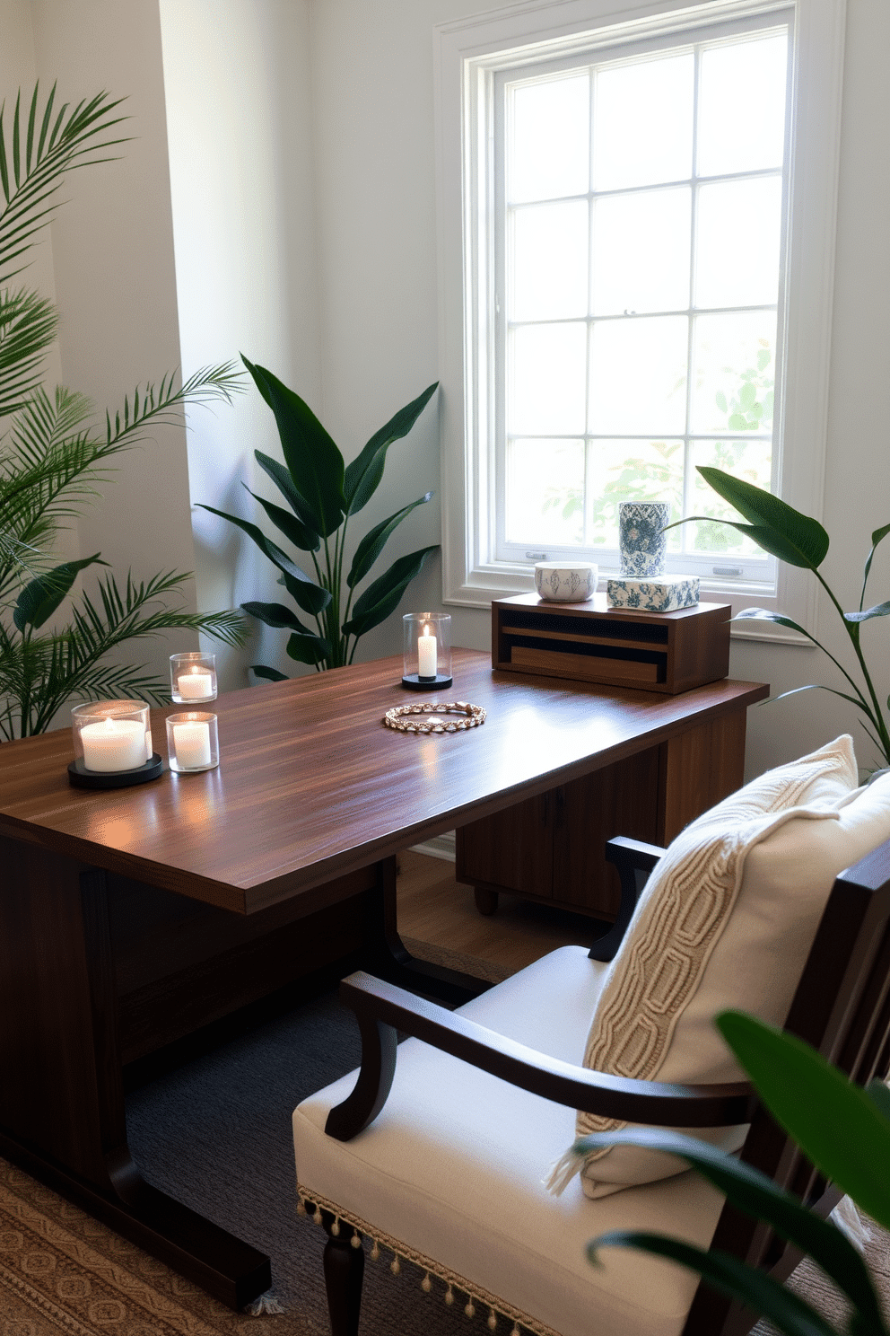 A serene summer home office setting. The room features a large wooden desk with a sleek design, positioned near a window that lets in natural light. On the desk, there are scented candles in elegant holders, creating a relaxing atmosphere. A comfortable chair with soft cushions invites you to sit and work, while plants in the corners add a touch of greenery.