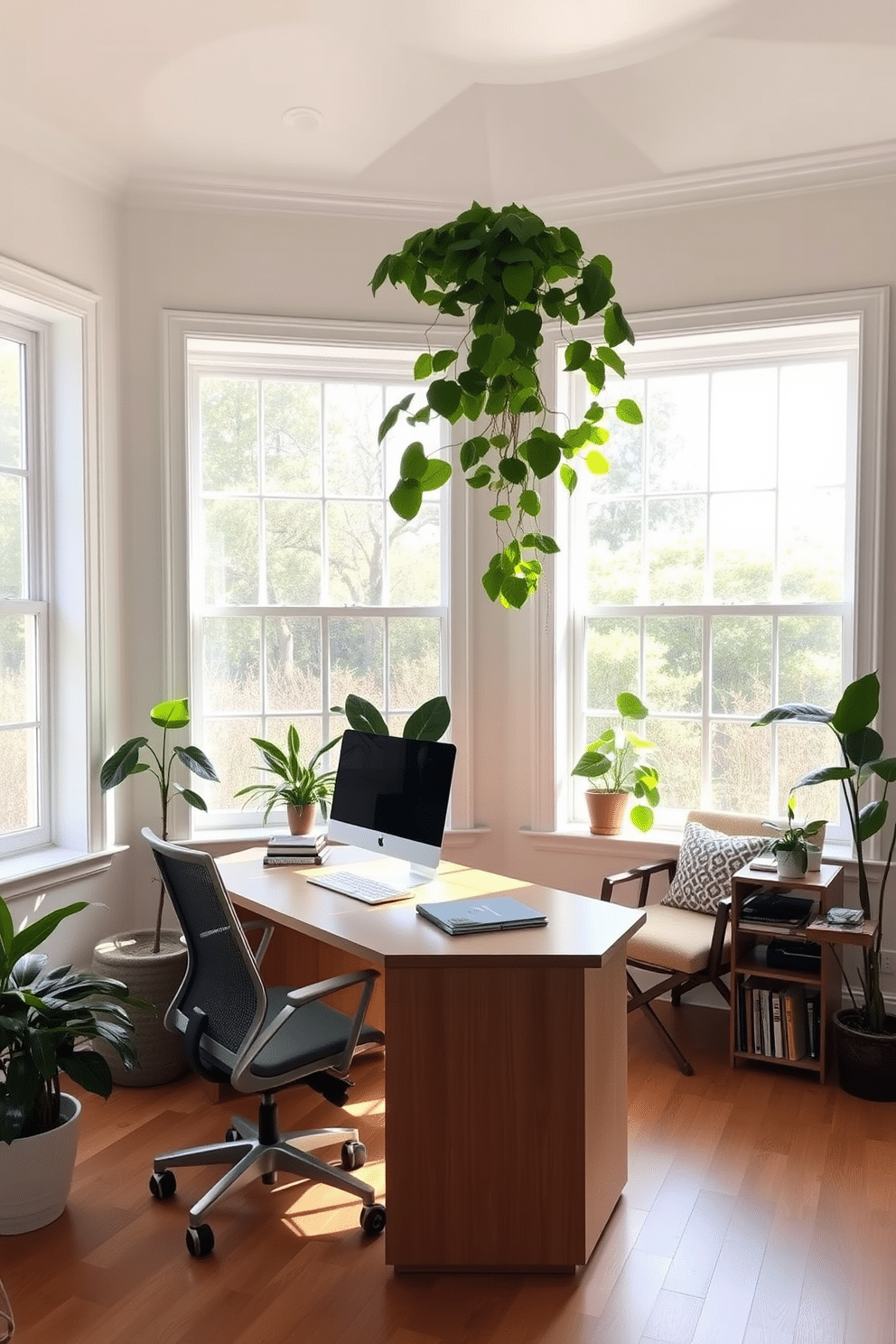 A bright and airy home office with large windows allowing natural light to flood in. The room features a sleek wooden desk paired with an ergonomic chair, surrounded by lush indoor plants that add a touch of freshness. The walls are painted in a soft pastel color, creating a calming atmosphere. A cozy reading nook with a comfortable chair and a small bookshelf is positioned in one corner, inviting relaxation during breaks.