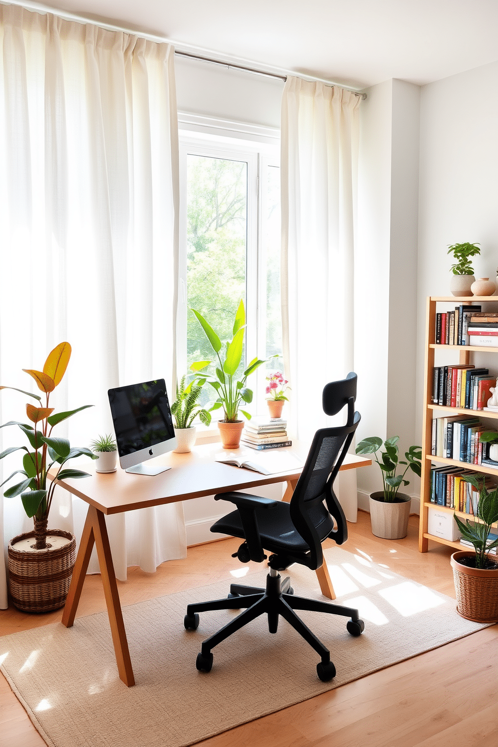 A bright and airy summer home office features lightweight linen curtains that gently filter sunlight. The room is adorned with a sleek wooden desk, a comfortable ergonomic chair, and vibrant potted plants that add a touch of nature. The walls are painted in a soft pastel hue, creating a serene atmosphere conducive to productivity. A stylish bookshelf filled with colorful books and decorative items completes the inviting workspace.