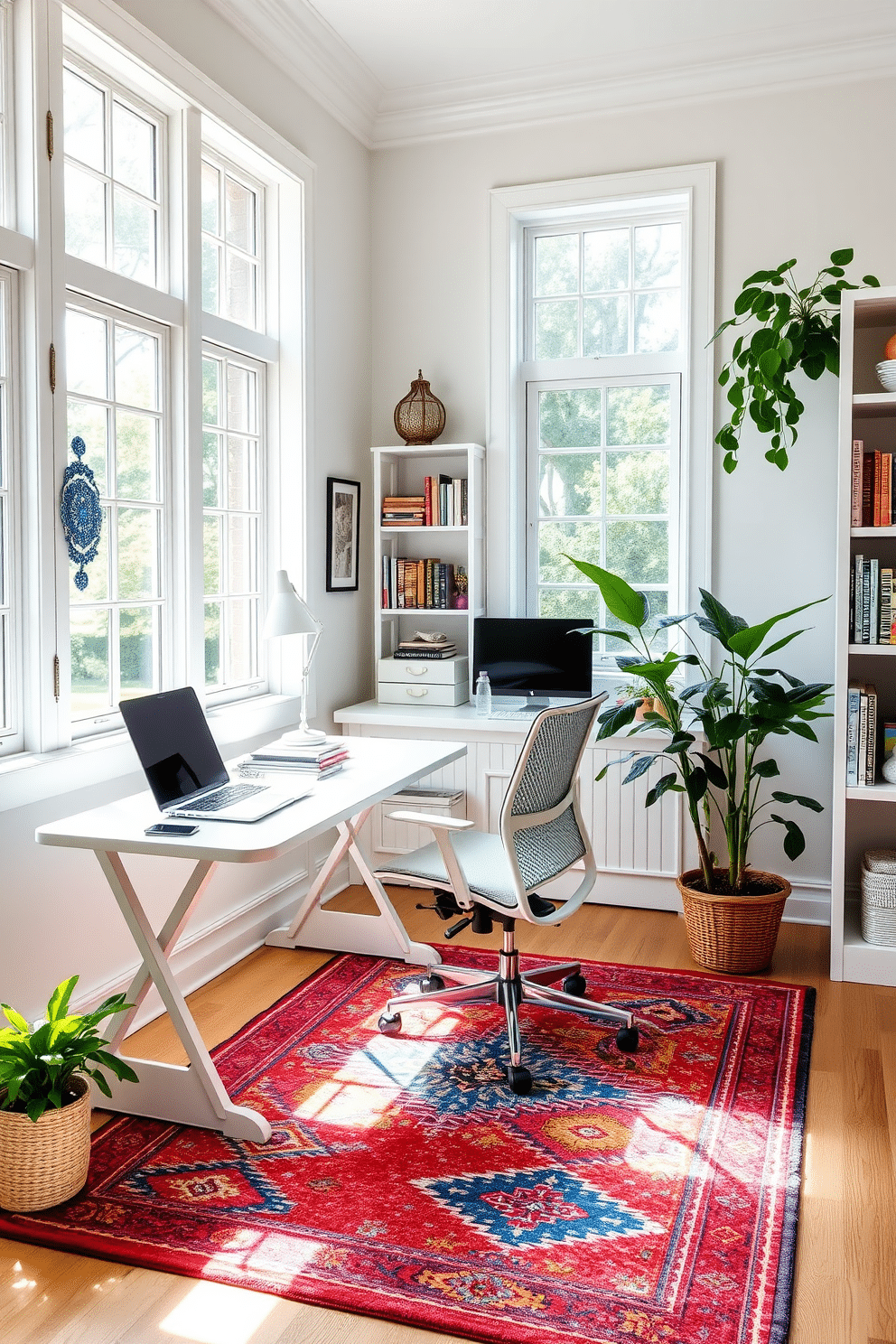 A bright and airy summer home office features a sleek white desk paired with a comfortable ergonomic chair. Large windows allow natural light to flood the space, highlighting a colorful area rug that adds warmth and personality to the room. The walls are painted in a soft pastel hue, creating a serene backdrop for creative work. Shelves filled with books and decorative items line one side of the room, while lush green plants bring a touch of nature indoors.