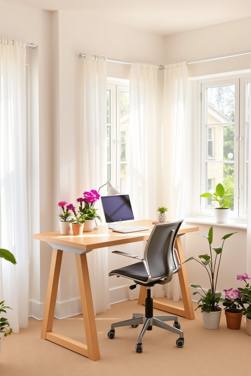 A bright and airy summer home office features a sleek standing desk made of light wood with clean lines. Large windows allow natural light to flood the space, complemented by soft white curtains that flutter gently in the breeze. The walls are painted in a soft pastel hue, creating a calming atmosphere. A comfortable ergonomic chair is positioned nearby, and colorful potted plants add a touch of greenery to the decor.