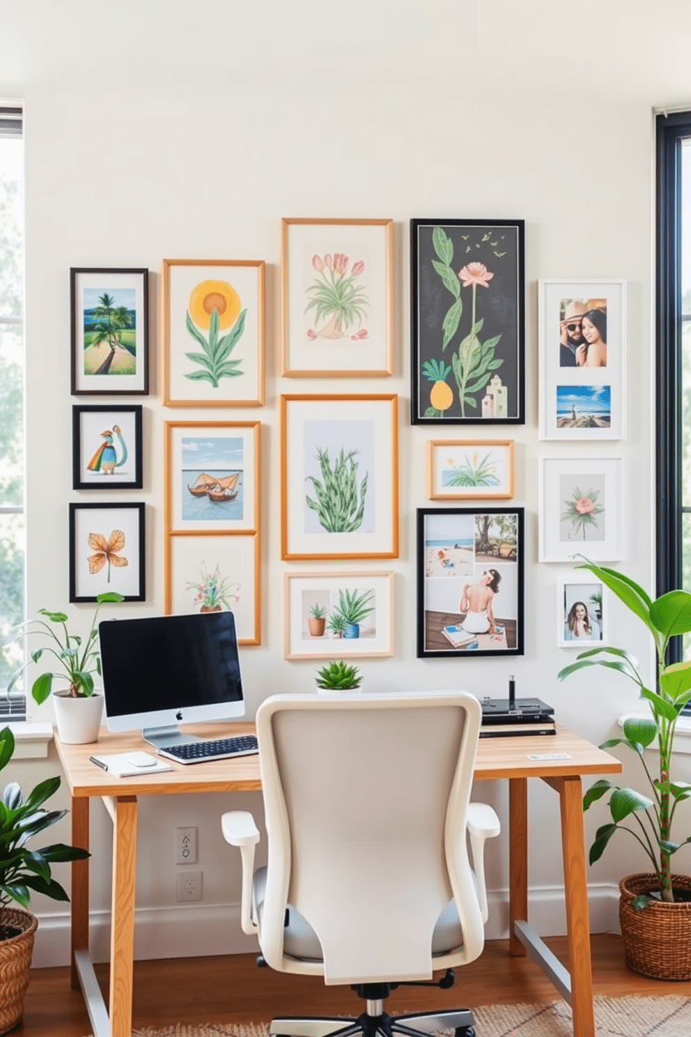 Create a gallery wall featuring an eclectic mix of framed artwork and photographs that reflect a vibrant summer theme. The wall is adorned with colorful prints, botanical illustrations, and personal travel photos, creating an inviting and inspiring workspace. In the summer home office, a light wood desk is paired with a comfortable ergonomic chair. Large windows allow natural light to flood the space, and potted plants add a refreshing touch to the decor.