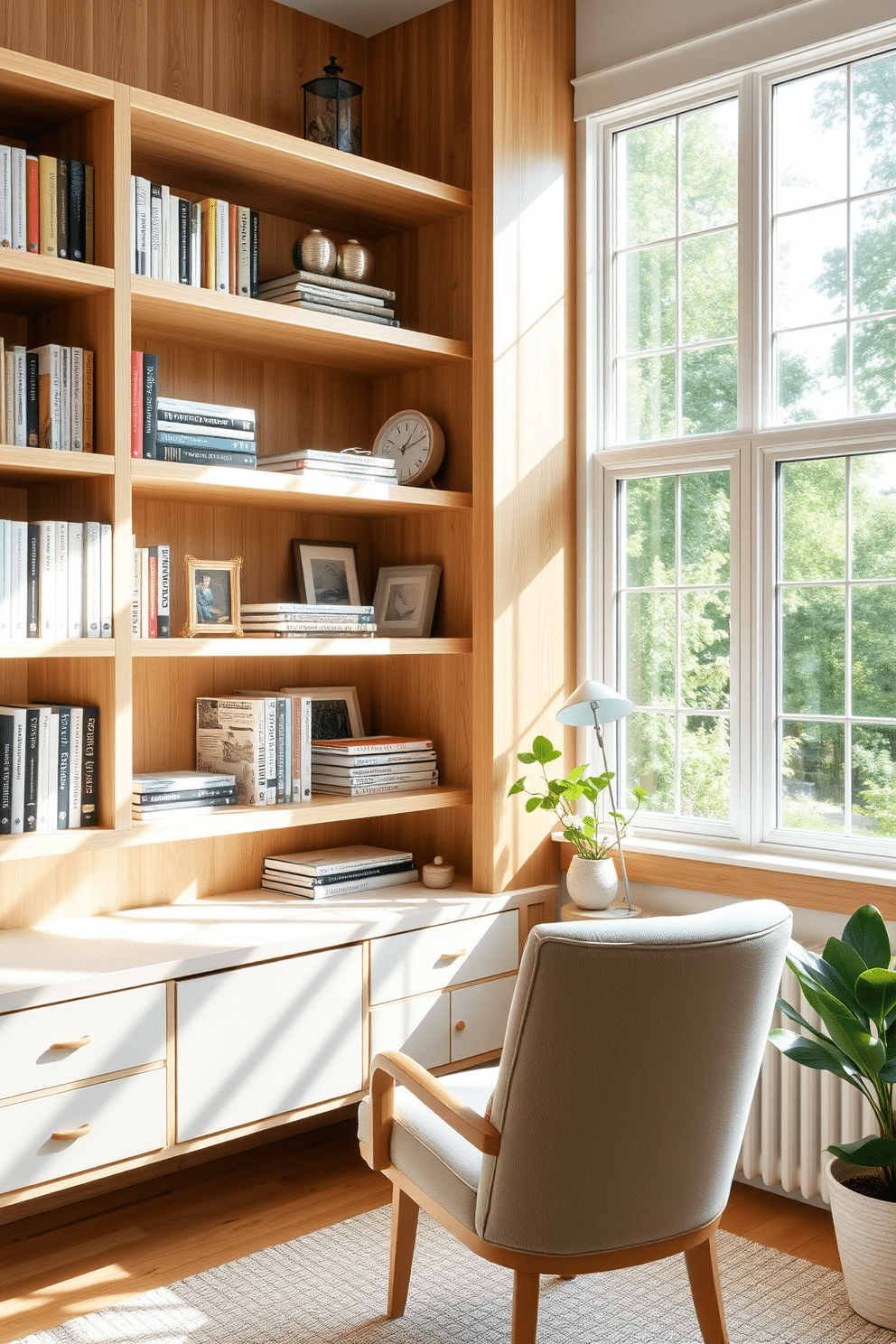 A bright and airy summer home office features open shelving made of light wood, showcasing neatly organized books and decorative items. A large window allows natural light to flood the space, highlighting a cozy desk with a soft, comfortable chair and a small potted plant beside a stylish lamp.