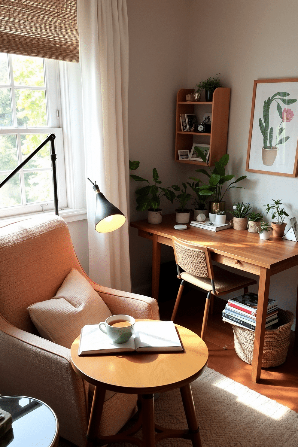 A cozy reading nook with a comfortable armchair upholstered in soft, textured fabric. A small side table holds a steaming cup of tea and a stack of well-loved books, while a floor lamp casts a warm glow in the corner. Summer home office decorated with light, airy colors and natural materials. A sleek wooden desk faces a window, adorned with potted plants and cheerful artwork that inspires creativity and productivity.