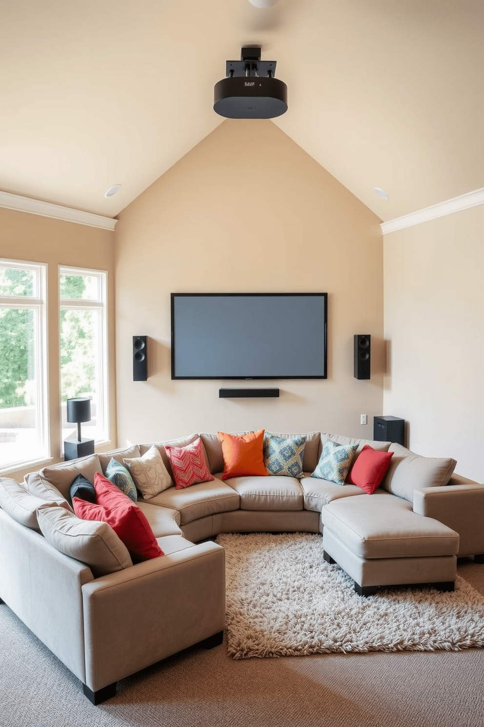 Cozy sectional sofa with colorful cushions. The sofa is positioned in a spacious living room with large windows allowing natural light to flood the space. The walls are painted in a soft beige tone, creating a warm and inviting atmosphere. A plush area rug lays beneath the sofa, adding texture and comfort to the room. Summer home theater decorating ideas include a sleek projector screen mounted on the wall. Surround sound speakers are strategically placed to enhance the movie-watching experience.