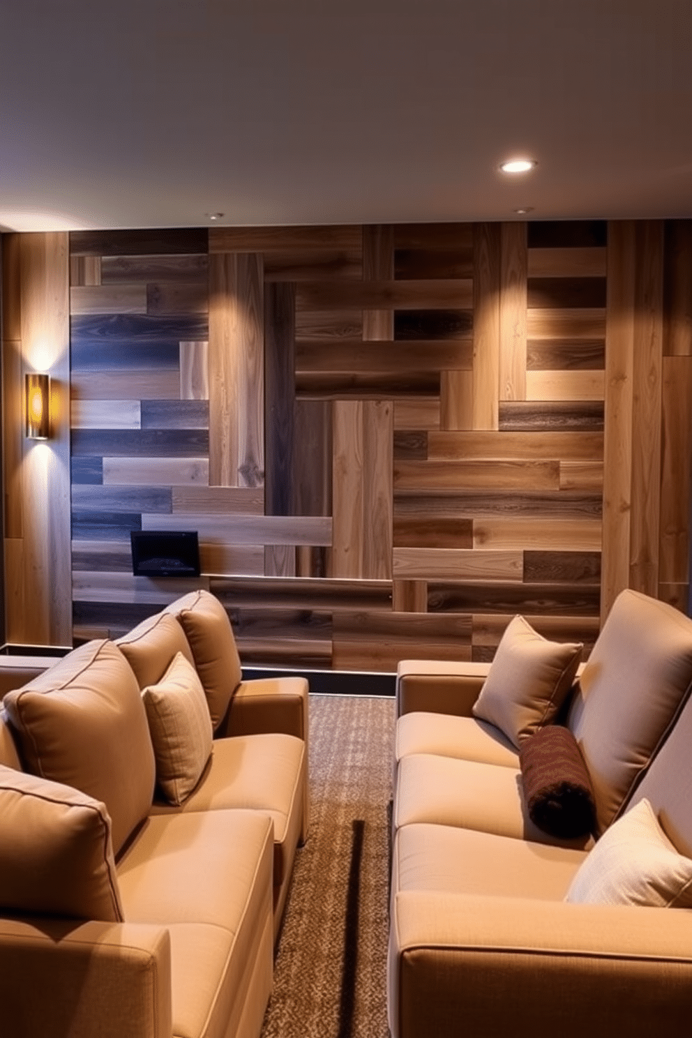 A cozy summer home theater features an accent wall adorned with reclaimed wood panels that add warmth and texture to the space. Plush seating arrangements are positioned for optimal viewing, complemented by soft ambient lighting that enhances the inviting atmosphere.