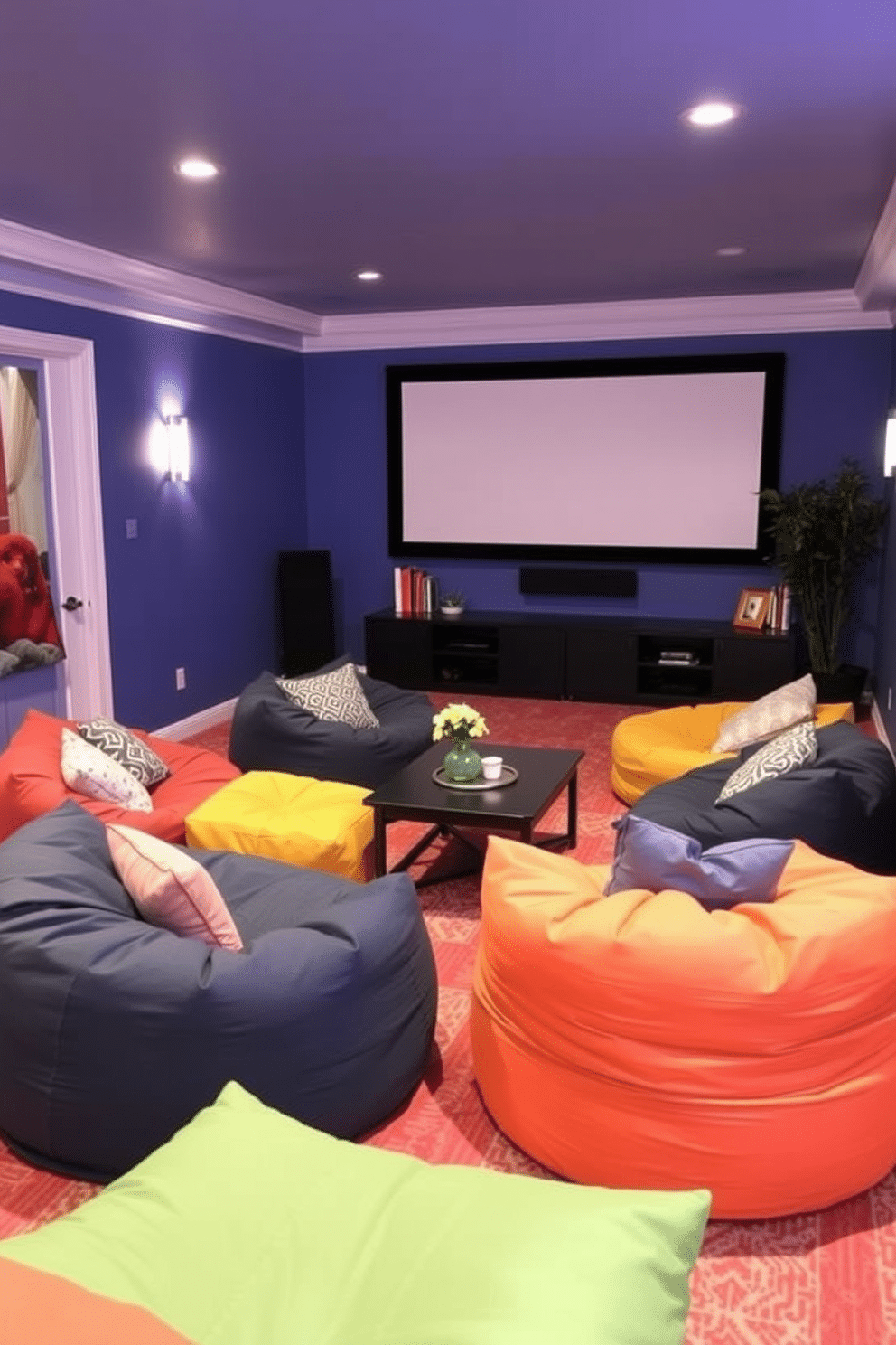 Comfortable bean bags for informal seating. The room features a vibrant color palette with various sizes and styles of bean bags scattered around a low coffee table. Summer Home Theater Decorating Ideas. The space is designed with soft lighting, a large screen, and plush seating, creating a cozy atmosphere for movie nights.