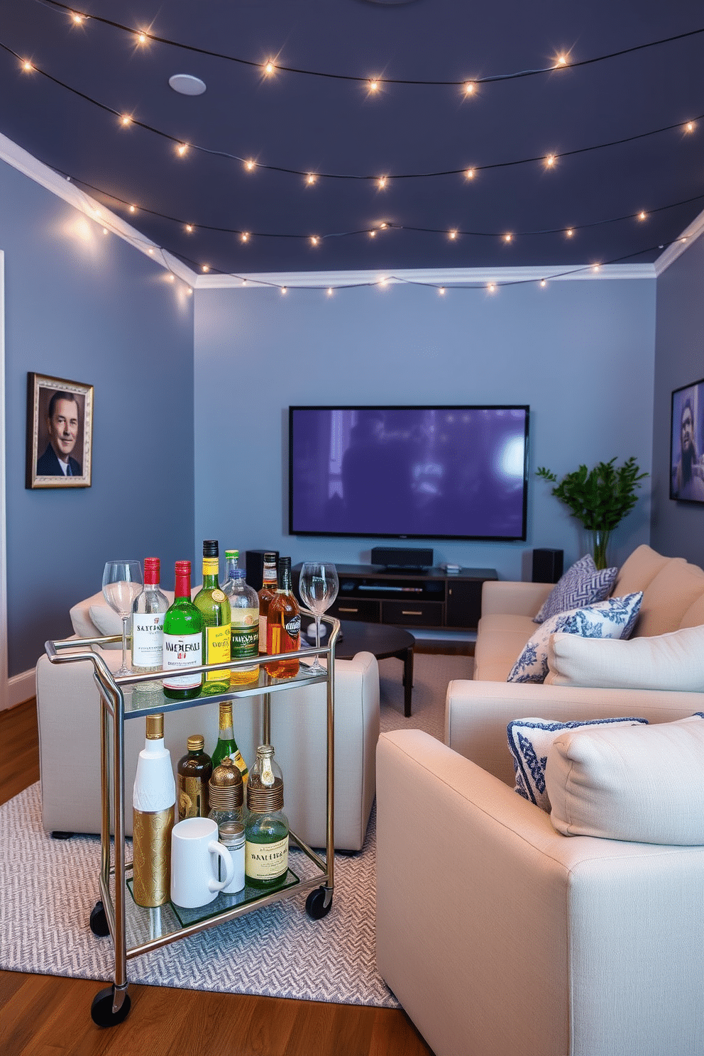 A stylish mini bar cart is set up in a corner of the living room. The cart features a sleek metallic frame with glass shelves, adorned with an assortment of colorful bottles and elegant glassware. For the summer home theater, plush seating is arranged in a semicircle facing a large screen. The walls are painted in a soft blue hue, and string lights are draped across the ceiling for a cozy ambiance.