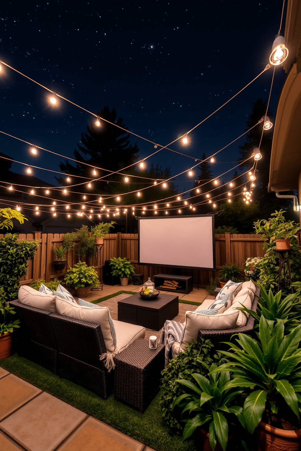 A cozy outdoor home theater setup under the stars. String lights are draped overhead to create a warm and inviting ambiance, illuminating comfortable seating arranged around a large screen. Surrounding the seating area, lush greenery and potted plants enhance the natural feel. Soft blankets and cushions add comfort, inviting guests to relax and enjoy the summer nights.