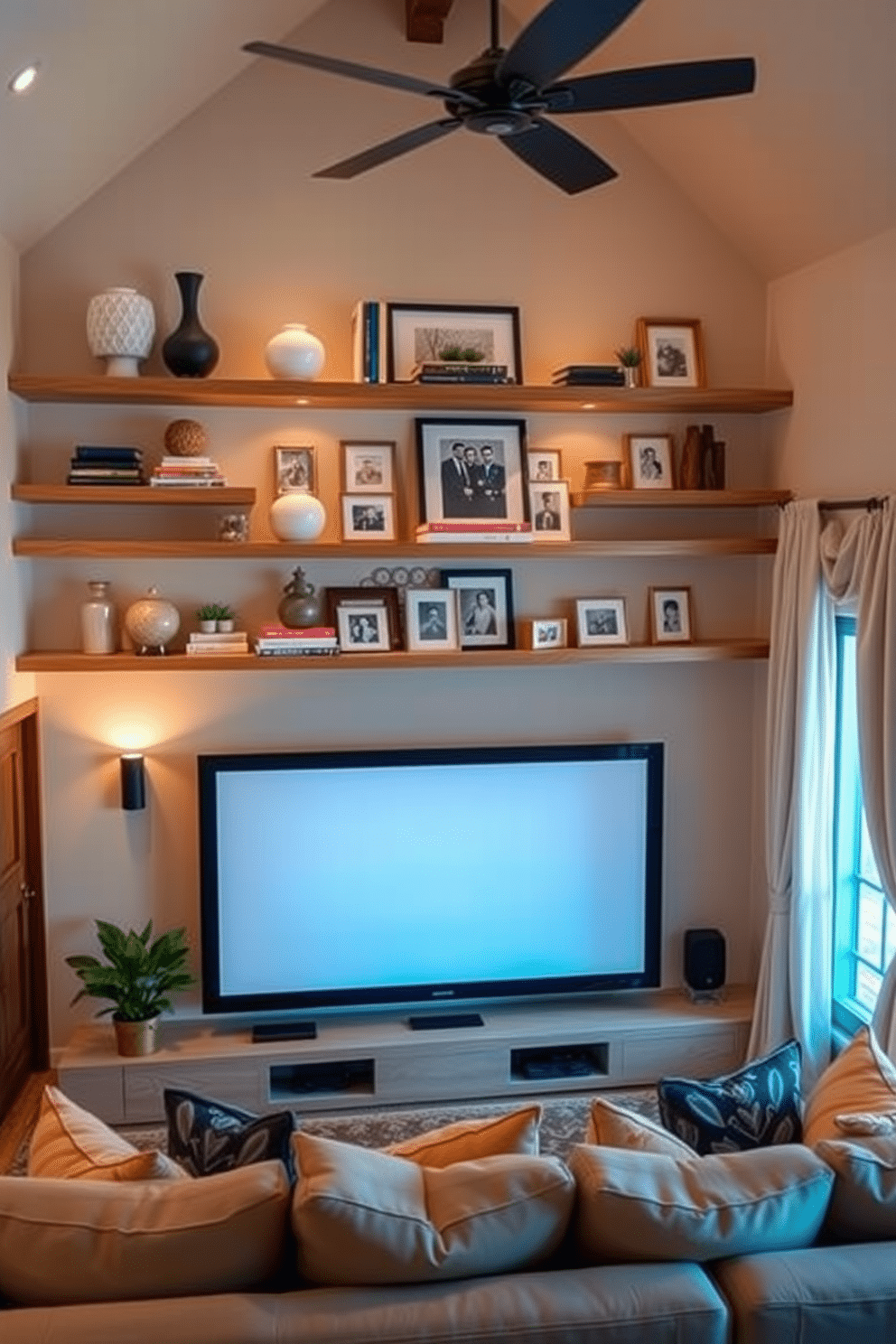 A cozy summer home theater featuring floating shelves adorned with decorative accents. The shelves are filled with curated books, stylish vases, and framed photos, creating an inviting atmosphere. The theater area includes a plush sectional sofa with colorful throw pillows. Soft lighting enhances the ambiance, while a large screen is framed by elegant drapery.