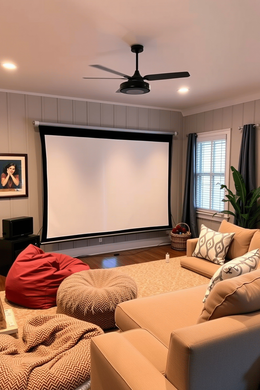 A cozy summer home theater featuring a portable projector screen that can be easily adjusted for optimal viewing. The room is adorned with comfortable seating options, including plush bean bags and a sectional sofa, all arranged to create an inviting atmosphere for movie nights.