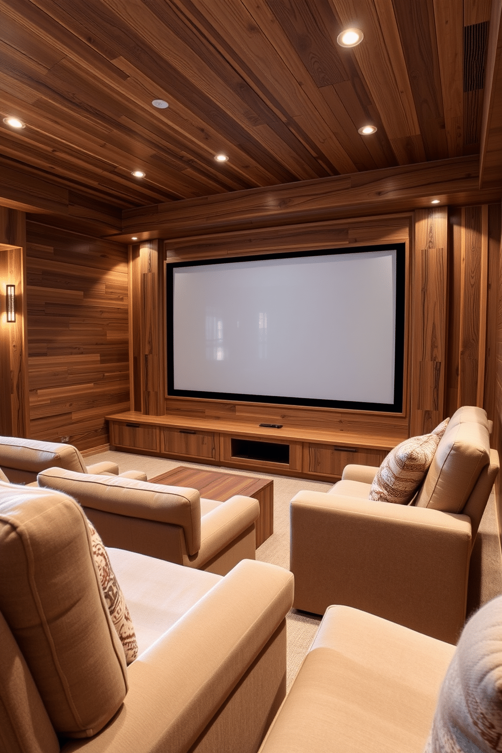 A cozy summer home theater featuring natural wood finishes that create a warm and inviting atmosphere. The walls are adorned with rich wooden paneling, complemented by plush seating in soft, neutral tones. A large screen is framed by wooden accents, enhancing the rustic charm of the space. Ambient lighting is strategically placed to highlight the natural textures while providing a relaxed viewing experience.