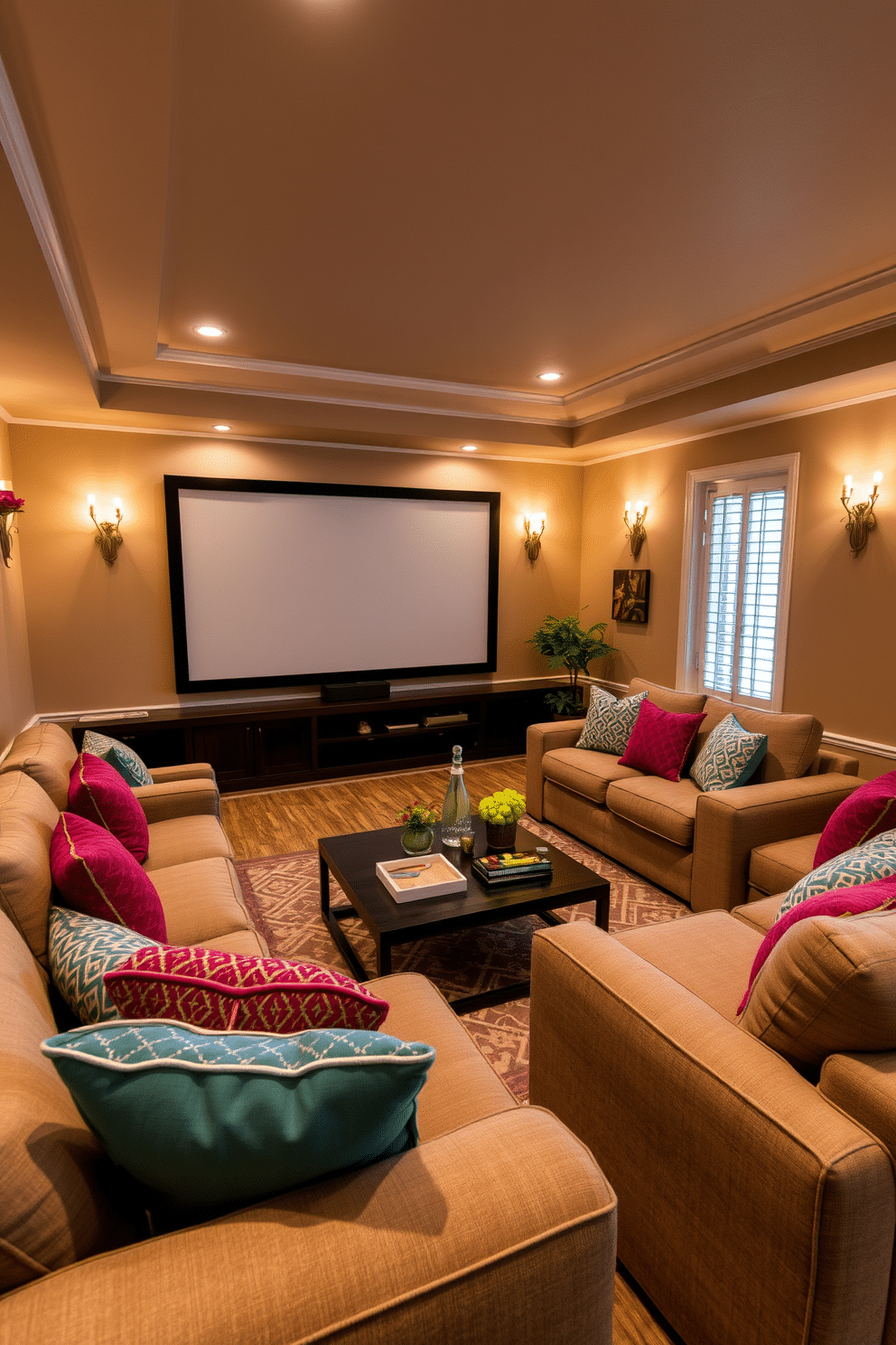 A cozy summer home theater featuring plush seating arranged in a semi-circle around a large screen. The walls are painted in a warm beige tone, and decorative wall sconces provide soft lighting, enhancing the inviting atmosphere. Rich, layered textures create a comfortable ambiance, with a large area rug anchoring the space. Accent pillows in vibrant colors add a playful touch to the seating, while a stylish coffee table holds snacks and drinks for movie nights.