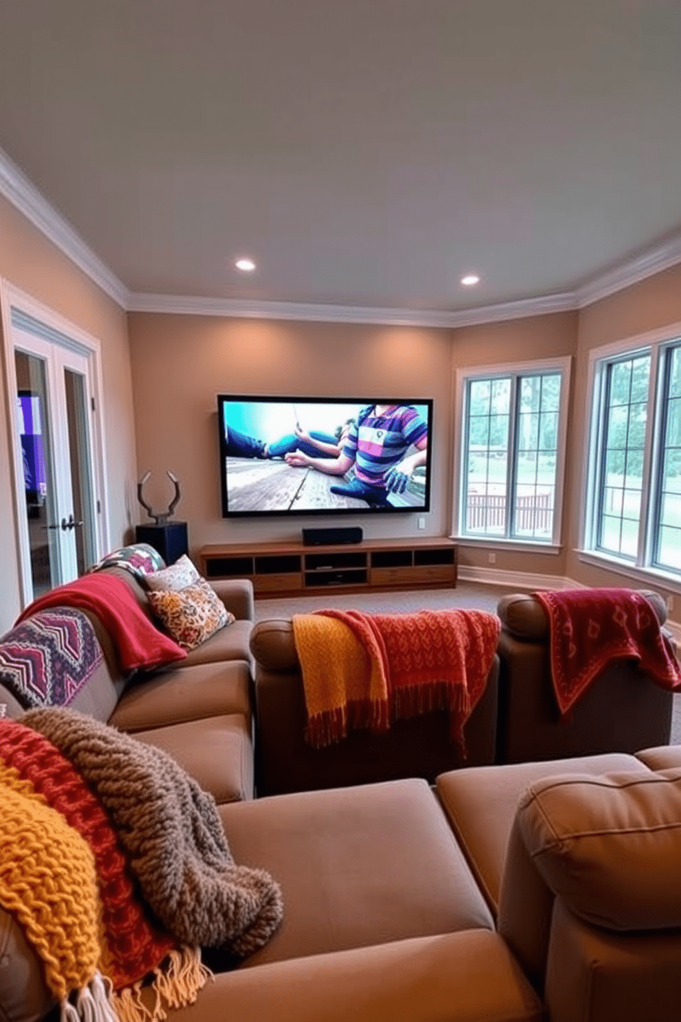 Colorful throw blankets are draped over a plush sectional sofa, adding warmth and vibrancy to the space. The walls are painted in a soft beige, and large windows allow natural light to flood in, enhancing the cozy atmosphere. The summer home theater features a large screen mounted on the wall, surrounded by comfortable seating arrangements. Soft LED lights are installed along the ceiling, creating an inviting ambiance perfect for movie nights.