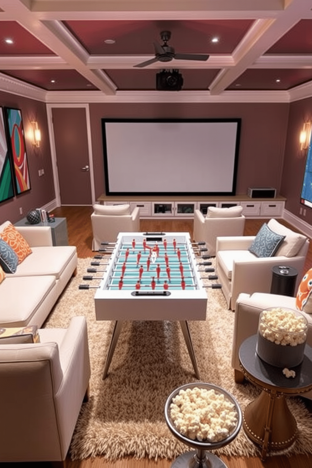 A vibrant game area featuring a sleek foosball table positioned centrally on a plush area rug. The walls are adorned with colorful artwork, and comfortable seating options are arranged around the table for an inviting atmosphere. A cozy summer home theater designed for relaxation and entertainment. Soft, oversized chairs face a large screen, with ambient lighting setting the mood for movie nights and popcorn ready on a stylish side table.