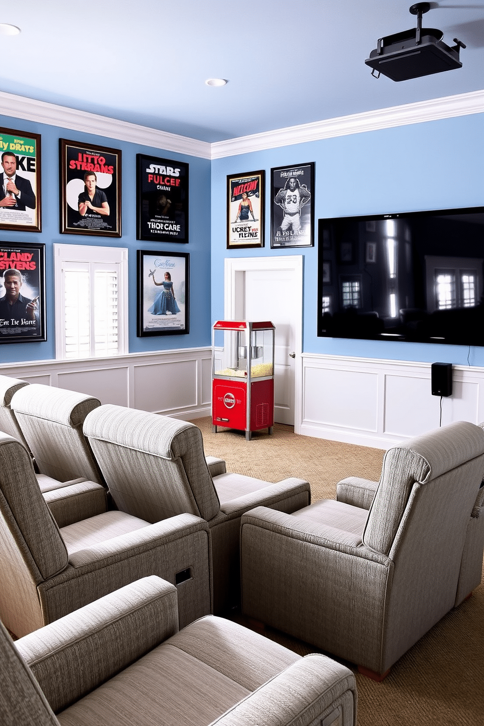 A cozy summer home theater inspired by classic movies. The walls are painted in a soft blue hue, adorned with framed posters of iconic films. Plush reclining chairs in a light gray fabric are arranged for optimal viewing. A large screen is mounted on the wall, and a vintage popcorn machine sits in the corner, adding a nostalgic touch.