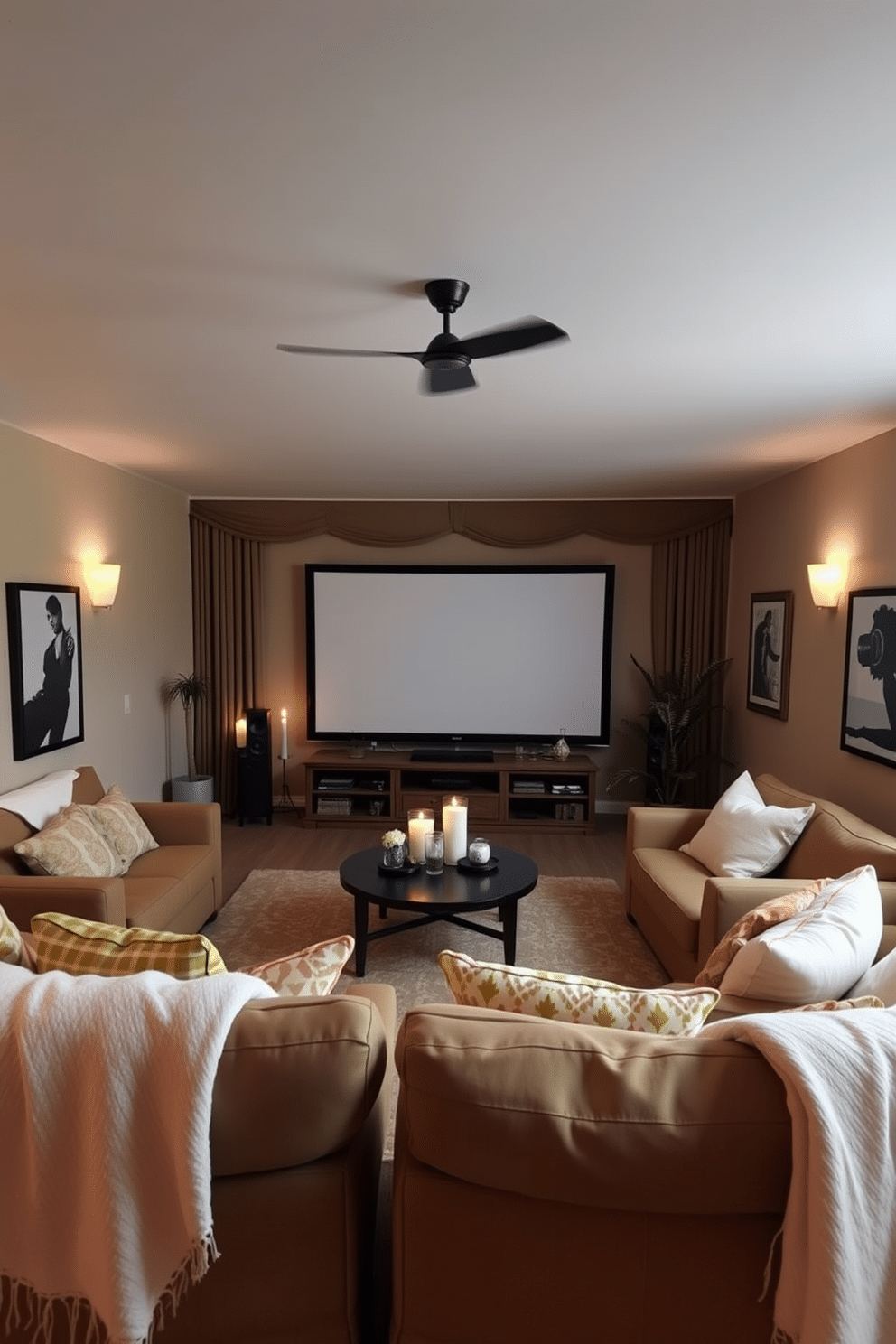 A warm and inviting home theater setting. Soft mood-setting candles are strategically placed around the room, casting a gentle glow that enhances the cozy atmosphere. Plush seating is arranged in a semi-circle, facing a large screen. Summer-themed decor, such as light-colored throw blankets and vibrant cushions, adds a refreshing touch to the space.