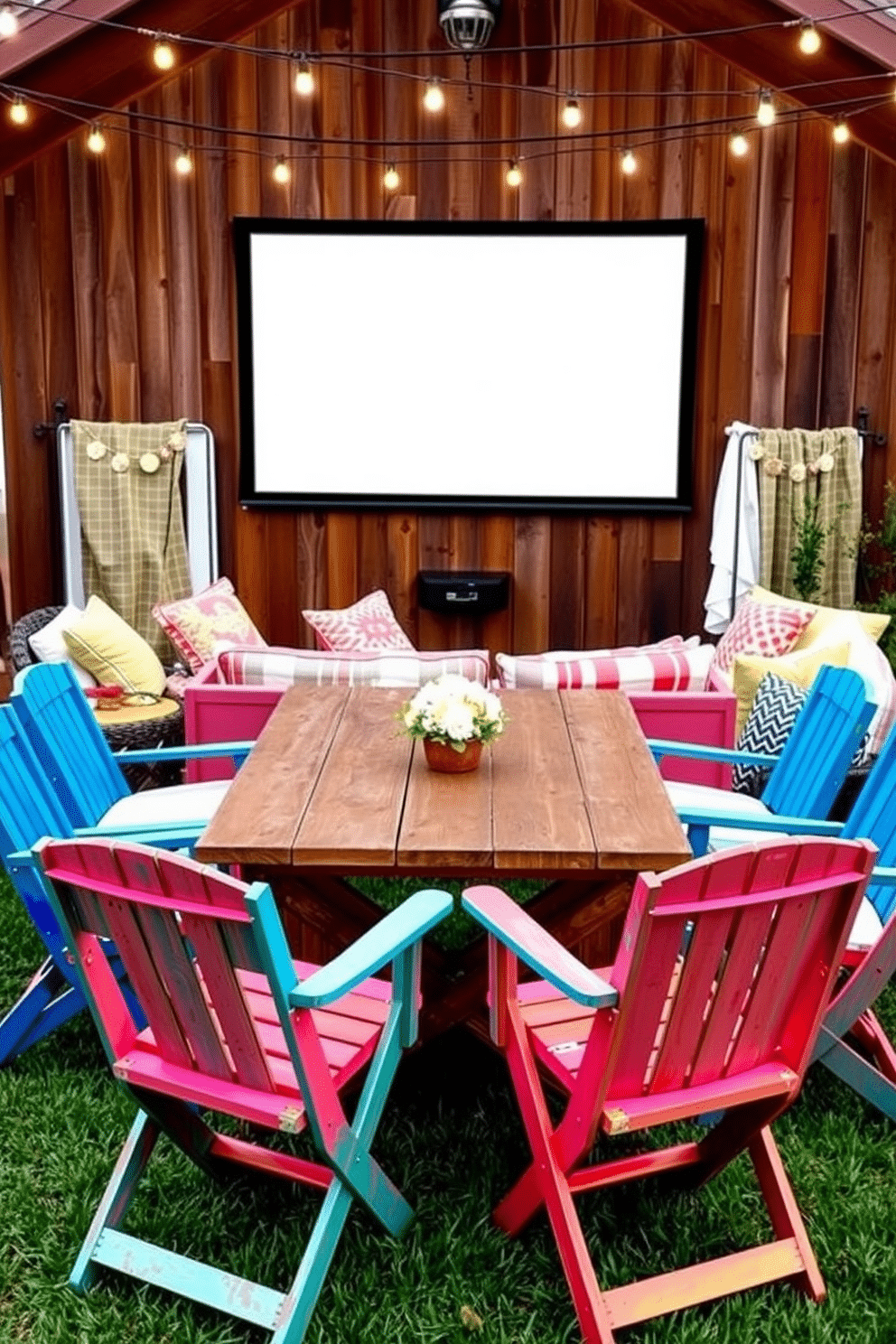 Foldable chairs arranged around a rustic wooden table, providing extra guest seating for summer gatherings. The chairs are painted in bright colors to complement the vibrant decor of the outdoor space. A cozy summer home theater featuring a large screen mounted on a wooden wall, surrounded by comfortable cushions and blankets. String lights hang overhead, creating a warm and inviting atmosphere for movie nights under the stars.