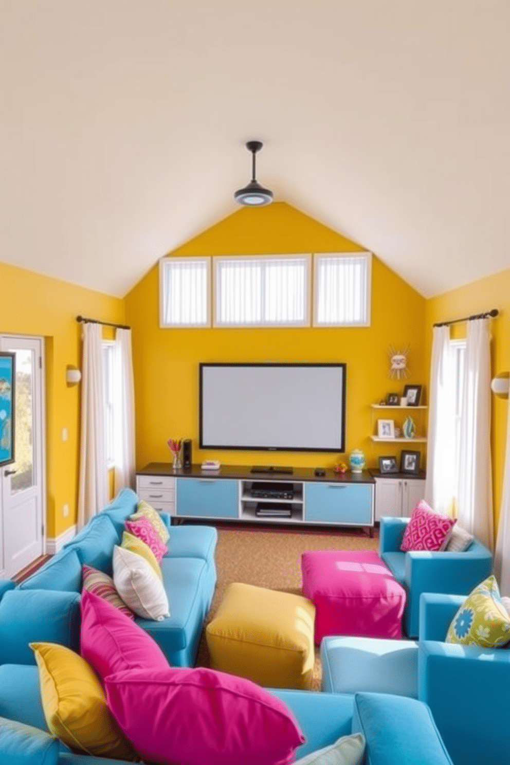 A cozy summer home theater with bright wall colors that create a cheerful vibe. The walls are painted in a vibrant yellow, complemented by plush seating in soft blue fabric and colorful throw pillows. Large windows allow natural light to flood the space, adorned with sheer white curtains for a light and airy feel. A sleek entertainment unit houses a large screen, and decorative shelves display an array of fun summer-themed decor.