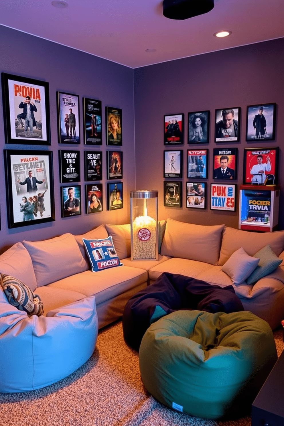 A vibrant summer home theater setting. The walls are adorned with a movie trivia wall featuring framed posters and trivia cards, creating an engaging atmosphere for guests. Comfortable seating is arranged in a semi-circle, with plush sofas and oversized bean bags. Soft, ambient lighting enhances the cozy feel, while a popcorn machine sits invitingly in the corner.