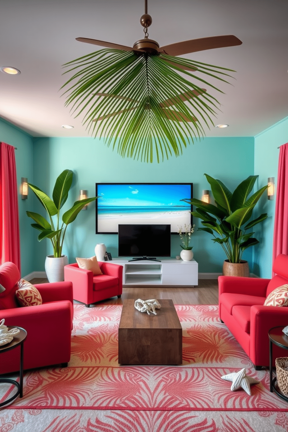 A vibrant summer home theater adorned with tropical-themed decor. The walls are painted in a soft aqua hue, and large palm leaves are arranged in stylish planters around the room. The seating area features plush, oversized chairs in a bright coral color, complemented by a large area rug with a tropical pattern. A sleek media console holds the latest technology while decorative accents like seashells and driftwood enhance the coastal vibe.