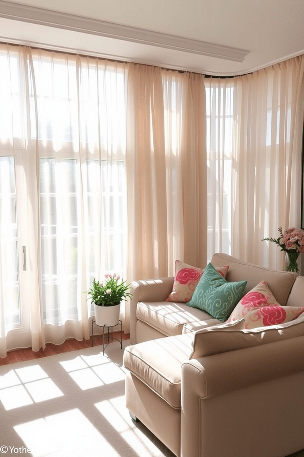 A cozy summer home theater features lightweight sheer curtains that flutter gently with the breeze, allowing for easy airflow and natural light. The room is furnished with a plush sectional sofa in a soft pastel hue, complemented by colorful throw pillows for a cheerful touch.