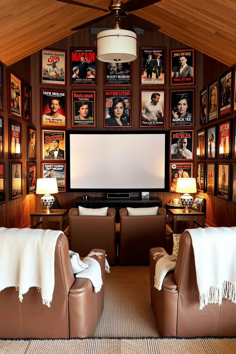 A cozy summer home theater filled with vintage movie posters that evoke nostalgia. The walls are adorned with iconic film posters in wooden frames, creating a vibrant and inviting atmosphere. Plush seating is arranged in a semi-circle facing a large screen, with soft throw blankets draped over the chairs. Ambient lighting is provided by stylish sconces and a few floor lamps, enhancing the cinematic experience.