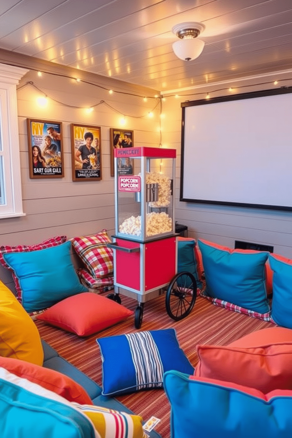 A cozy summer home theater setting featuring a DIY popcorn machine prominently displayed on a rustic wooden cart. Surrounding the popcorn machine are vibrant cushions and blankets in cheerful colors, creating an inviting atmosphere for movie nights. The walls are adorned with framed movie posters and string lights that add a warm glow to the space. A large screen is set up against one wall, complemented by comfortable seating arranged for optimal viewing.