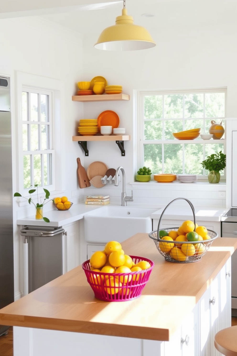 A bright and airy summer kitchen filled with natural light. The walls are painted in a soft white, complemented by vibrant citrus accents in the form of yellow and orange dishware displayed on open shelves. A large farmhouse sink sits beneath a window, adorned with fresh lemons and limes in a decorative bowl. The countertops are made of light wood, and a colorful fruit basket adds a cheerful touch to the kitchen island.