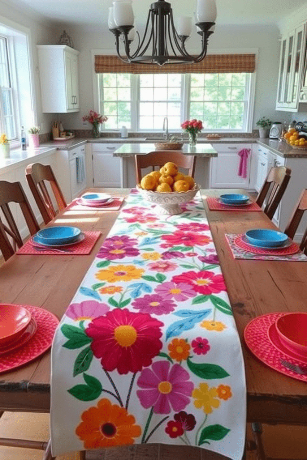 A bright and airy kitchen filled with natural light. A summer-themed table runner adorned with vibrant floral patterns stretches across a rustic wooden dining table. Colorful placemats and matching dishes complement the runner, adding a cheerful touch. Fresh fruit in a decorative bowl sits at the center, inviting warmth and a sense of seasonal celebration.