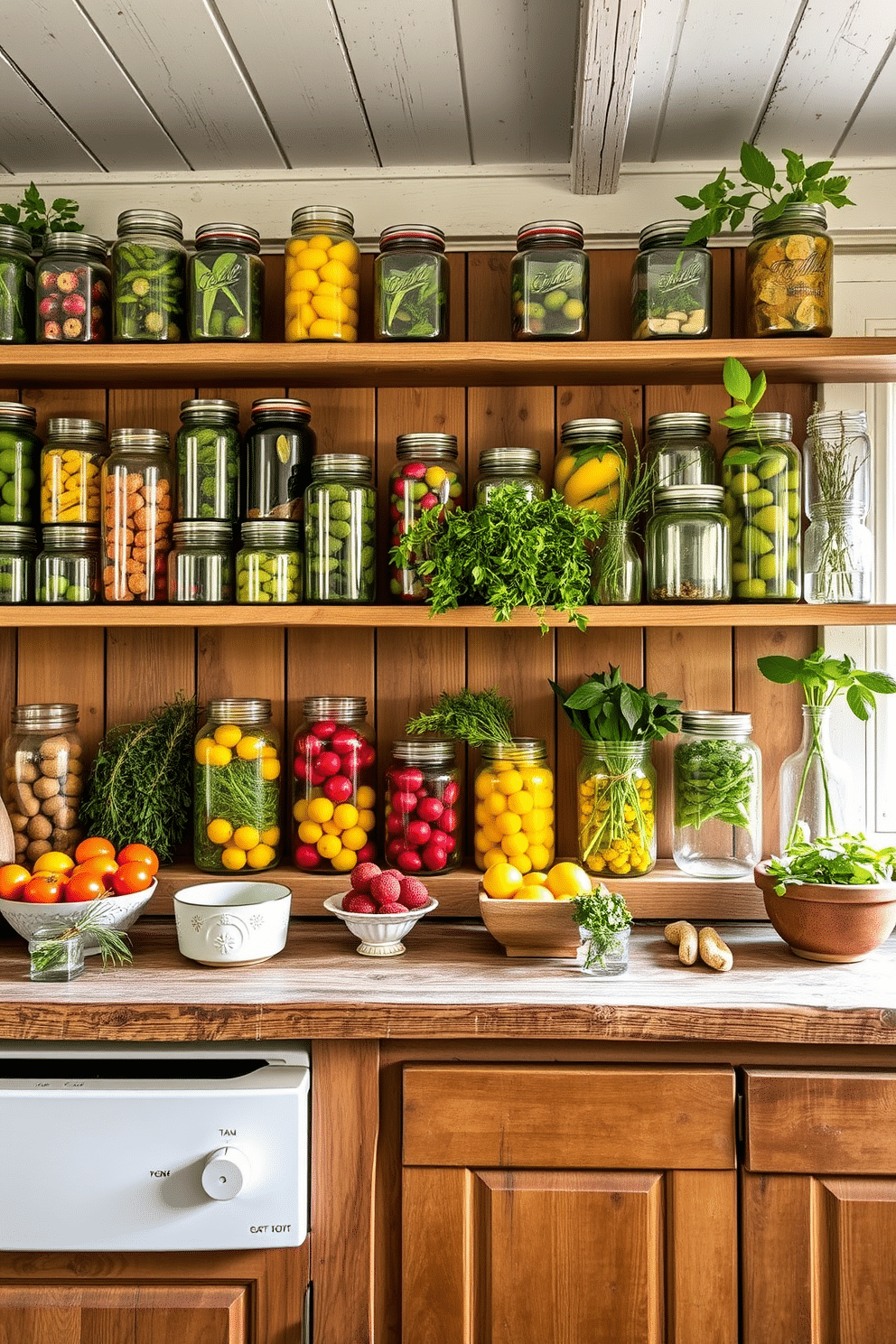 A charming summer kitchen filled with vintage glass jars arranged on open shelves. The jars are filled with colorful fruits and herbs, adding a vibrant touch to the rustic wooden cabinetry.