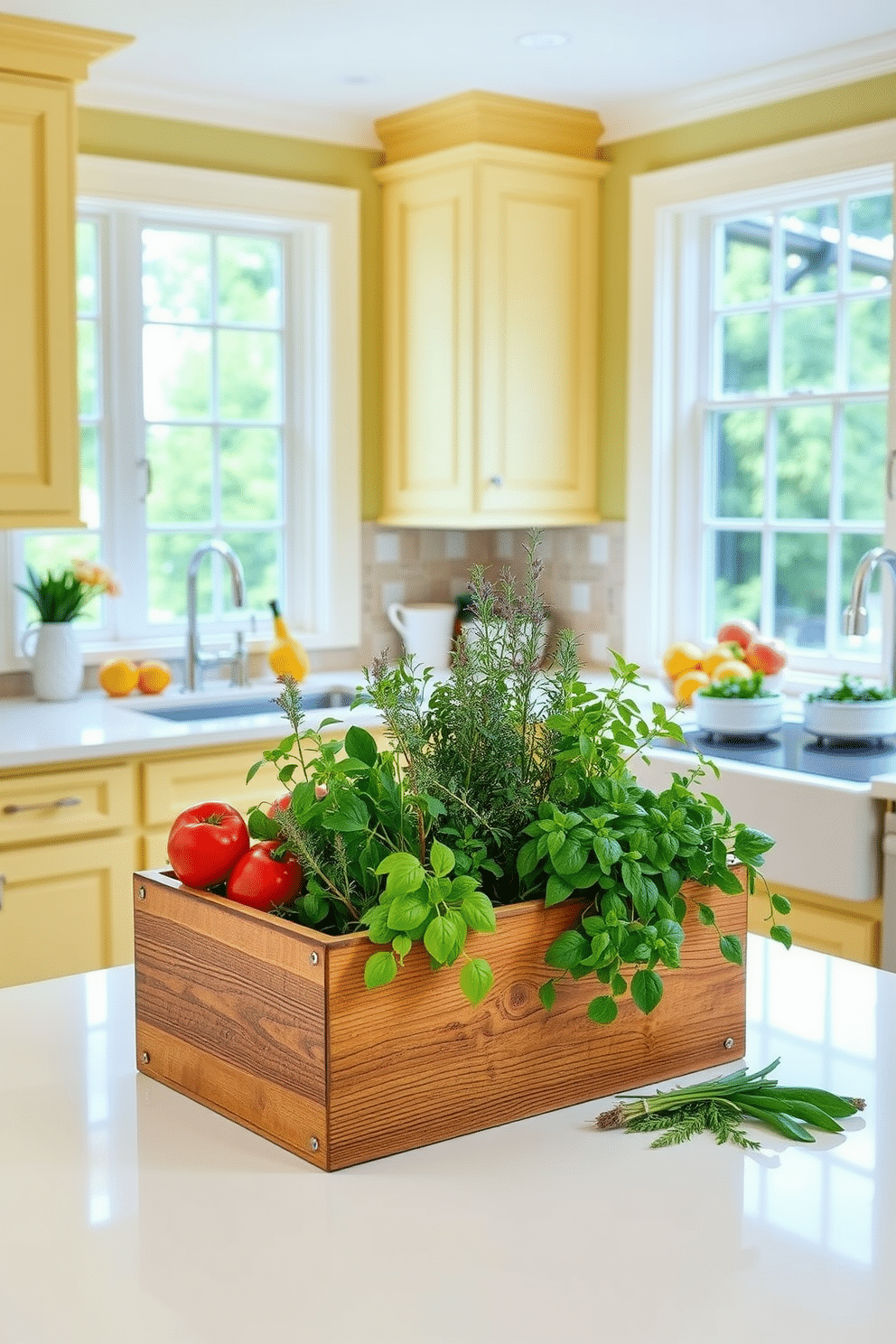 A vibrant summer kitchen featuring a fresh herb garden centerpiece. The centerpiece is a rustic wooden planter filled with various herbs like basil, rosemary, and thyme, adding both beauty and fragrance to the space. The kitchen is adorned with bright, cheerful colors, including soft yellow cabinets and white countertops. Natural light floods in through large windows, highlighting the fresh produce displayed on the countertops and creating an inviting atmosphere.