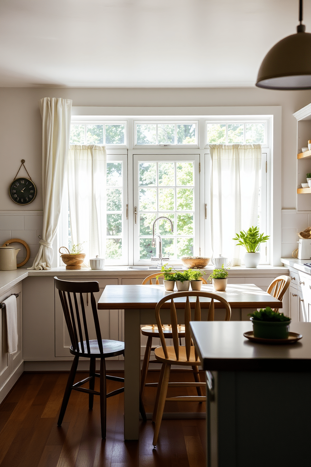 A bright and airy summer kitchen filled with natural light. Light linen curtains flutter gently by the window, allowing sunlight to illuminate the space. The kitchen features a large farmhouse table surrounded by mismatched wooden chairs. Fresh herbs in small pots are placed along the countertop, adding a touch of greenery and life.