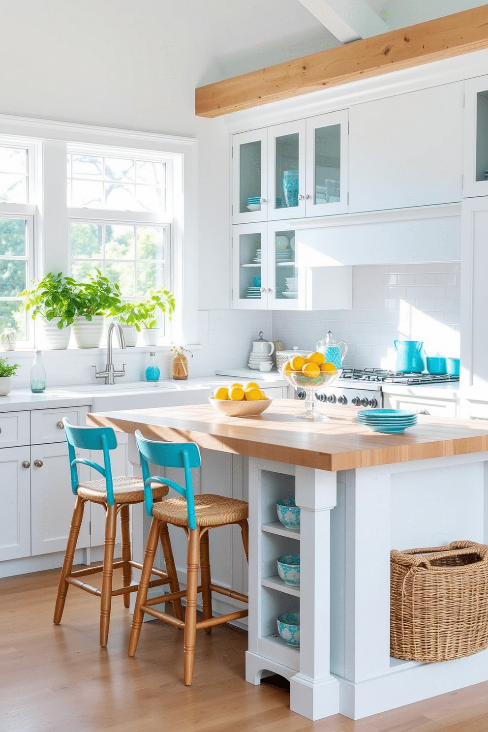 A bright and airy summer kitchen features crisp white cabinetry paired with a large island topped with a light wood countertop. Turquoise accents are introduced through bar stools, decorative dishware, and a vibrant fruit bowl, creating a refreshing and inviting atmosphere. Natural light floods the space through large windows, highlighting the cheerful color scheme. Potted herbs on the windowsill add a touch of greenery, while woven baskets provide stylish storage solutions.