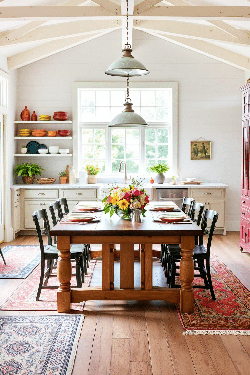 A bright and inviting summer kitchen filled with natural light. There are patterned rugs underfoot, adding a pop of color and visual interest to the space. The kitchen features open shelving displaying vibrant dishware and fresh herbs. A large farmhouse table in the center is set for casual dining, adorned with a cheerful floral centerpiece.