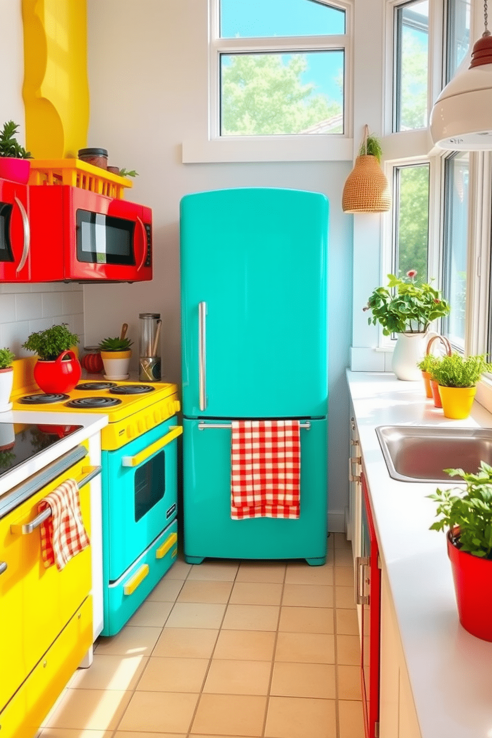 A vibrant summer kitchen filled with bright colored appliances. The refrigerator is a bold turquoise, complemented by a sunny yellow stove and a cheerful red microwave. The countertops are a crisp white, adorned with fresh herbs in colorful pots. Large windows allow natural light to flood the space, enhancing the playful atmosphere with cheerful accents and seasonal decor.