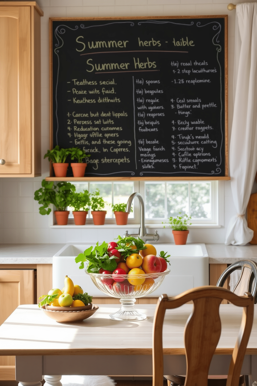 A bright and airy summer kitchen featuring a large chalkboard mounted on the wall, filled with handwritten summer recipes in colorful chalk. The kitchen is adorned with light wooden cabinets, a farmhouse sink, and fresh herbs in terracotta pots placed on the windowsill. The countertops are topped with a vibrant fruit bowl overflowing with seasonal fruits, adding a pop of color. Soft, sheer curtains flutter in the warm breeze, and a vintage-style table is set for casual dining with mismatched chairs.