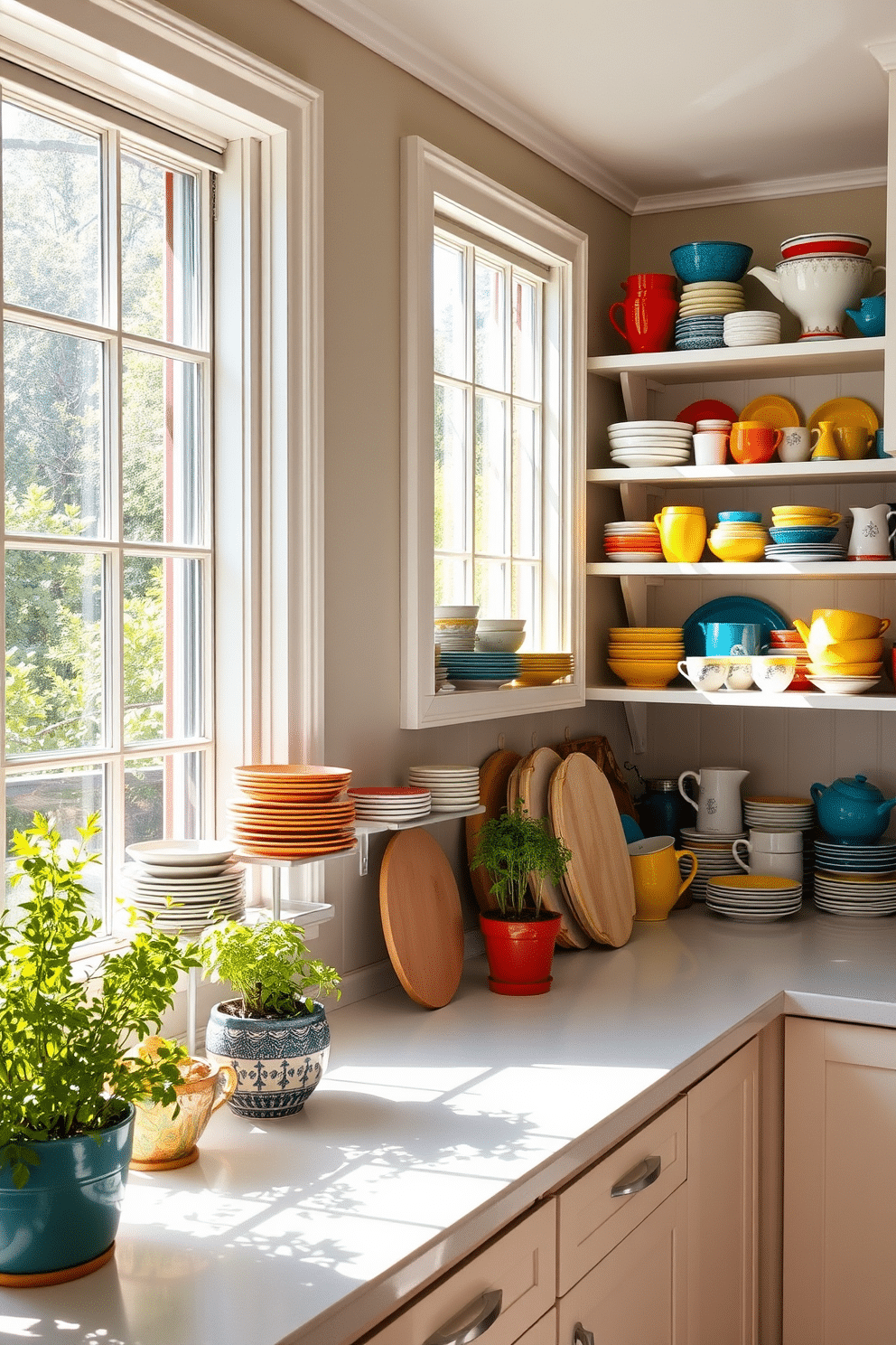 A vibrant summer kitchen filled with colorful dishware displays on open shelves. The shelves are adorned with a mix of bright ceramic plates, bowls, and mugs, creating an inviting and cheerful atmosphere. Sunlight streams through large windows, illuminating the space and highlighting the array of colors. Fresh herbs in decorative pots sit on the windowsill, adding a touch of greenery to the lively decor.