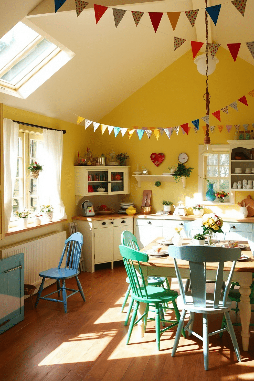 A bright and cheerful summer kitchen filled with whimsical decor. The walls are painted in a soft pastel yellow, and colorful bunting hangs from the ceiling, adding a festive touch. A large farmhouse table is set with vibrant floral tableware, surrounded by mismatched chairs in various shades of blue and green. Sunlight streams in through open windows adorned with sheer white curtains, creating a warm and inviting atmosphere.