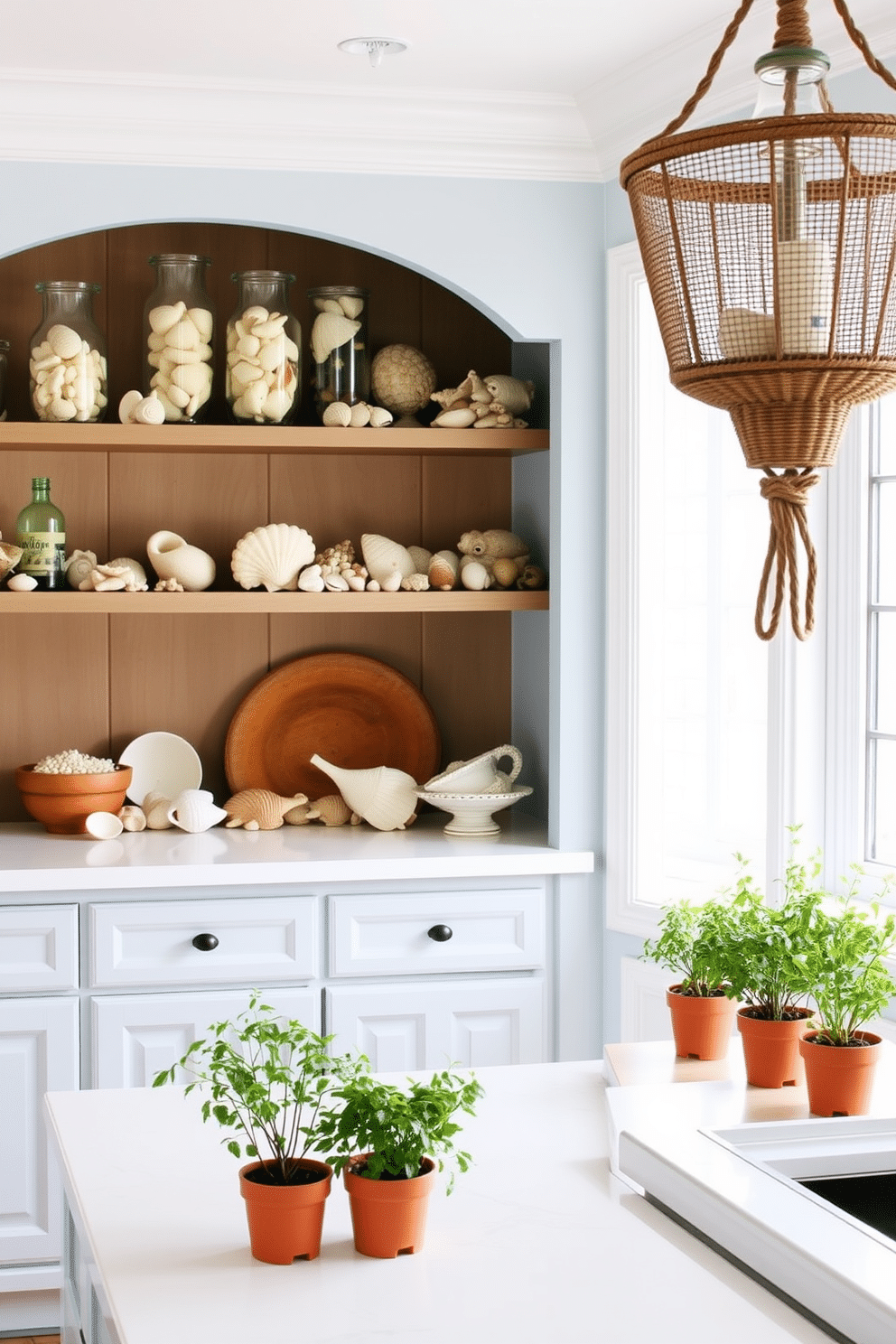 A bright and airy summer kitchen features clear vases filled with various seashells displayed on open shelves. The countertops are adorned with fresh herbs in small pots, and the walls are painted a soft ocean blue to enhance the coastal vibe.