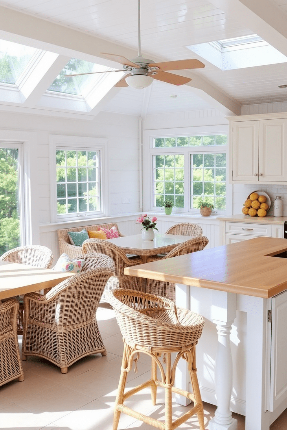 A bright and airy summer kitchen features light wicker furniture pieces that create a relaxed and inviting atmosphere. The dining area includes a wicker table surrounded by comfortable chairs, adorned with colorful cushions that add a pop of color. Large windows allow natural light to flood the space, enhancing the cheerful ambiance. The kitchen island is topped with a light wood surface, complemented by wicker bar stools that invite casual dining and socializing.