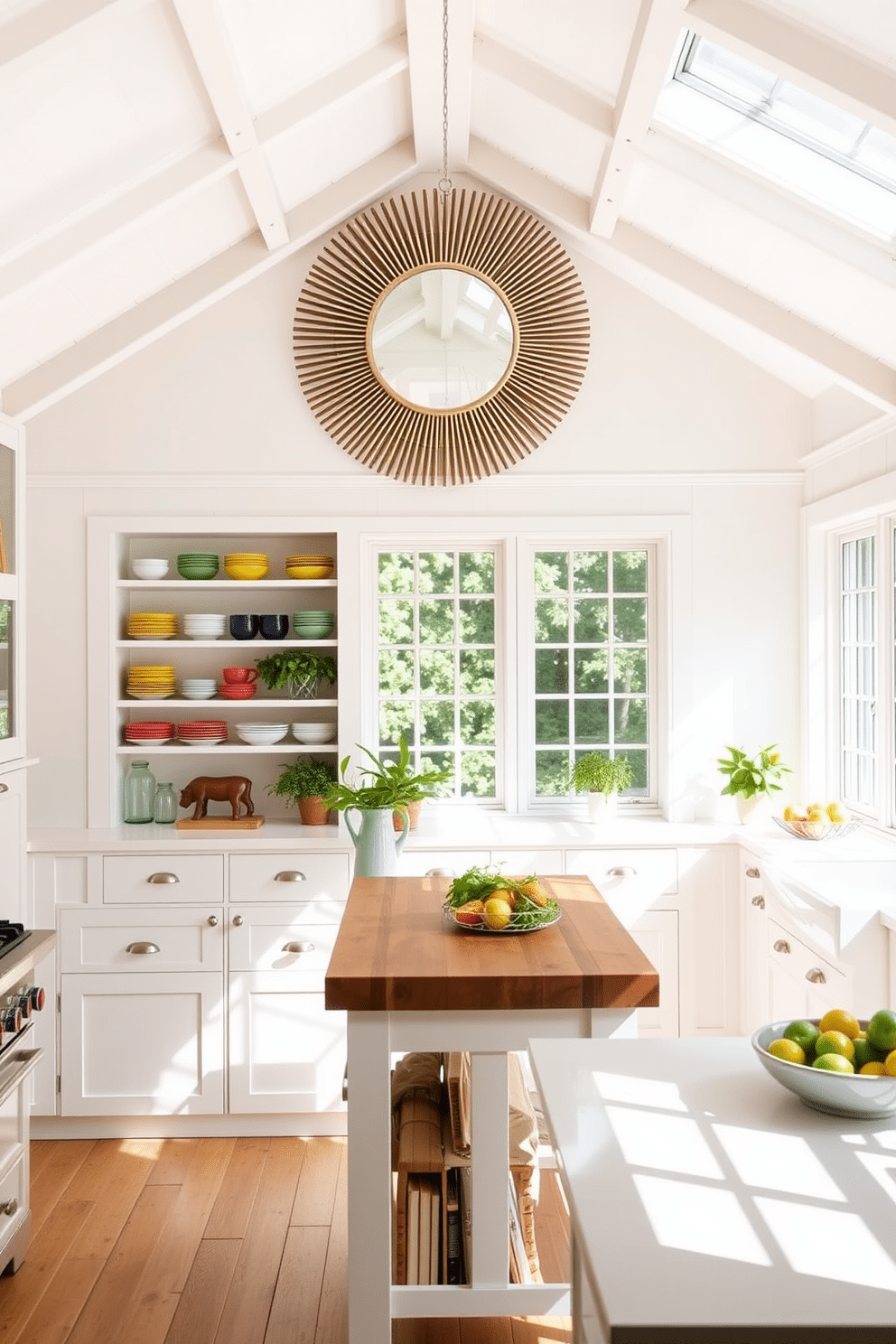 A bright summer kitchen filled with natural light. The space features white cabinetry and a large island with a butcher block countertop. Above the island, a sunburst mirror reflects the sunlight, enhancing the airy atmosphere. Colorful dishware and fresh herbs are displayed on open shelves, adding a touch of vibrancy.