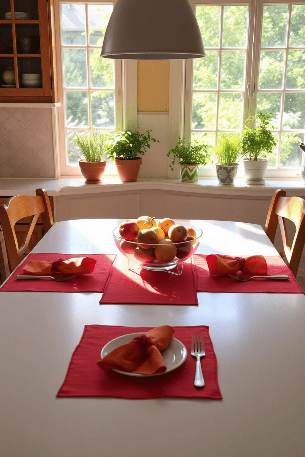 A vibrant summer kitchen setting. The table is adorned with bright colored placemats and matching napkins, creating a cheerful atmosphere. Sunlight streams through the windows, illuminating fresh herbs in decorative pots on the windowsill. A bowl of seasonal fruits sits at the center, adding a splash of color to the space.