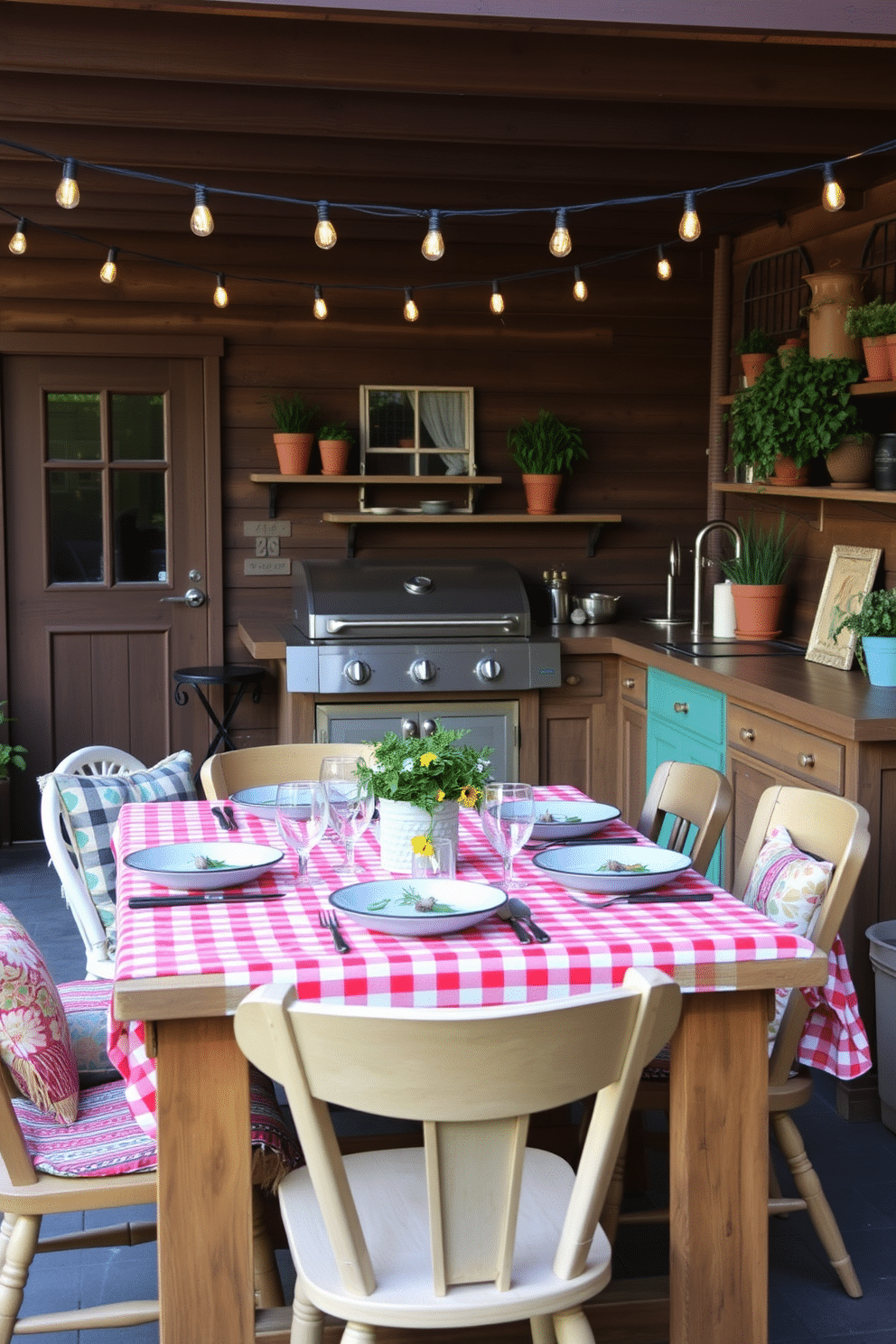 A charming outdoor summer kitchen features a rustic wooden dining table set for a picnic-style meal. The table is adorned with a vibrant checkered tablecloth, surrounded by mismatched chairs and colorful cushions for a relaxed atmosphere. String lights are draped overhead, casting a warm glow as the sun sets. Fresh herbs in terracotta pots line the countertop, while a stylish grill and prep area create an inviting space for cooking and entertaining.