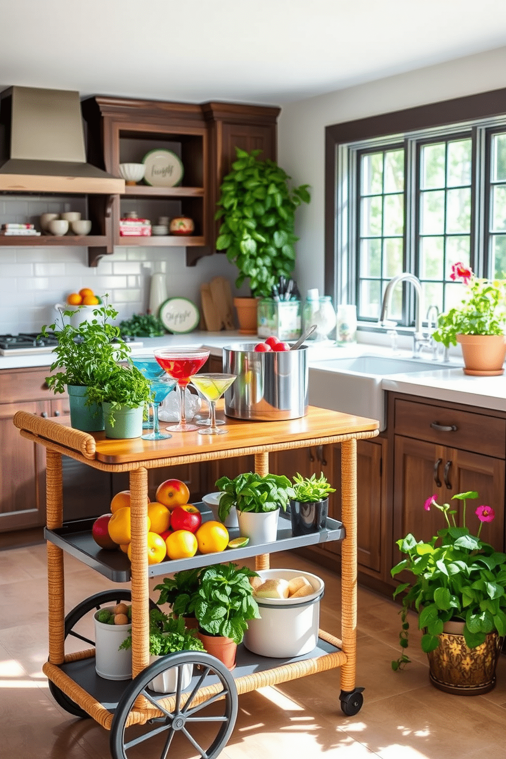 A refreshing drink station setup in a summer kitchen features a sleek bar cart made of rattan with a polished wooden top. The cart is adorned with colorful glassware, a variety of fresh fruits, and a stylish ice bucket filled with ice. Surrounding the drink station, there are vibrant potted herbs like mint and basil, adding a touch of greenery and fragrance. The kitchen is brightened by natural light streaming in through large windows, and the countertops are decorated with cheerful summer-themed dishware.