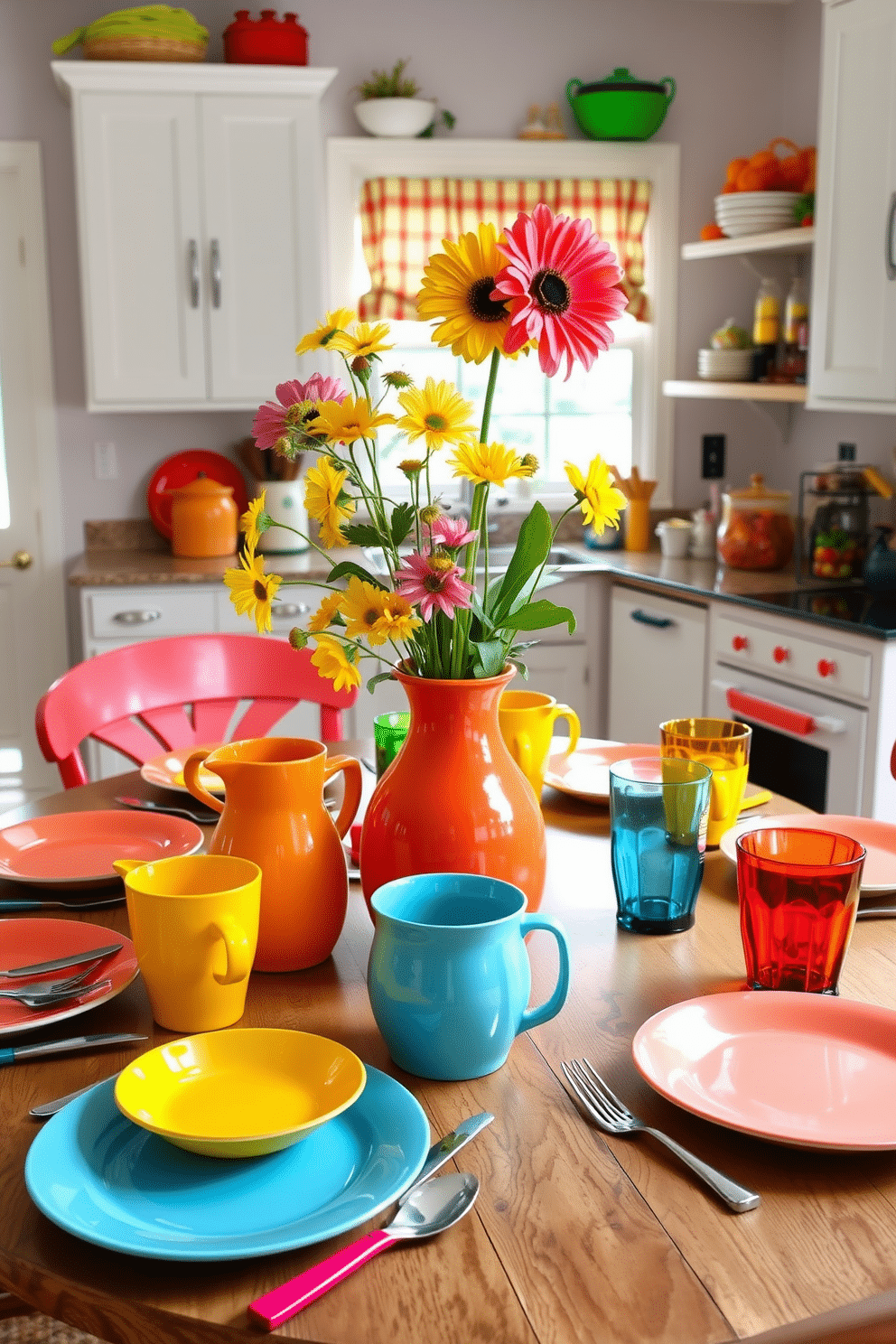 A vibrant summer kitchen filled with playful tableware sets the tone for casual dining. The table is adorned with colorful plates and mismatched utensils, creating a cheerful and inviting atmosphere. Brightly colored pitchers and glasses complement the table setting, adding a fun touch to the decor. Fresh flowers in a whimsical vase bring life to the space, enhancing the overall summer vibe.