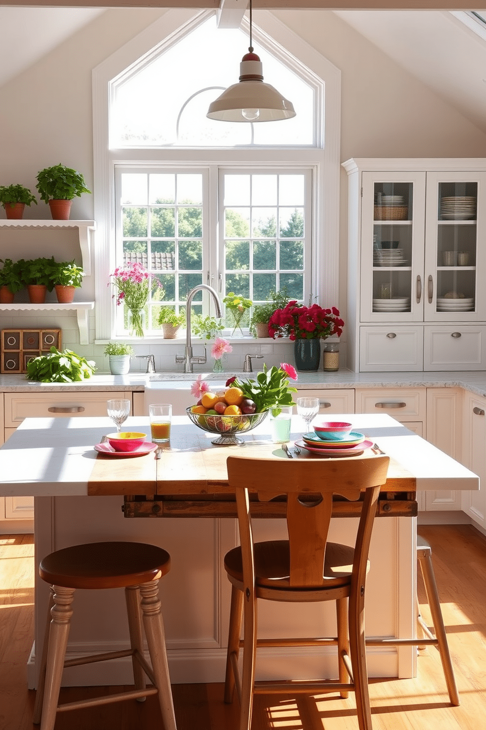 A bright summer kitchen filled with natural light. The space features a large island with a white quartz countertop surrounded by high-backed stools. Potted herbs and vibrant flowers are arranged on the windowsill, adding a touch of greenery. A rustic wooden dining table is set with colorful dishware and a centerpiece of fresh fruits.