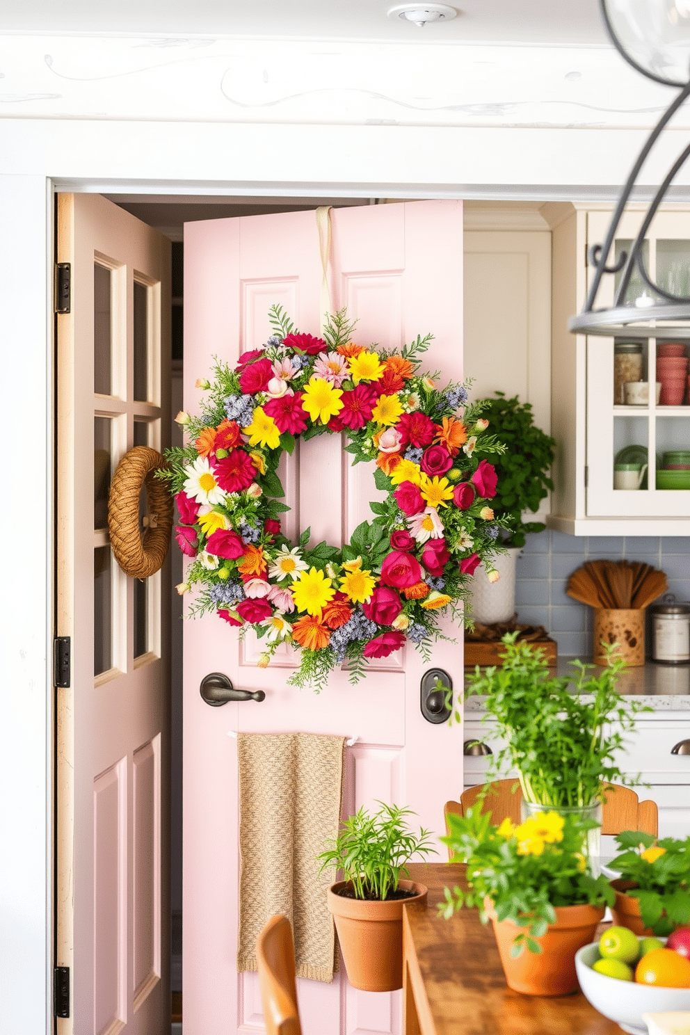 A charming summer kitchen adorned with vibrant decor. The door features a lush summer wreath made of colorful flowers and greenery, inviting warmth and cheer into the space. The kitchen is styled with a light and airy color palette, incorporating soft pastels and natural textures. Decorative elements include fresh herbs in terracotta pots and a cheerful table setting with seasonal fruits.