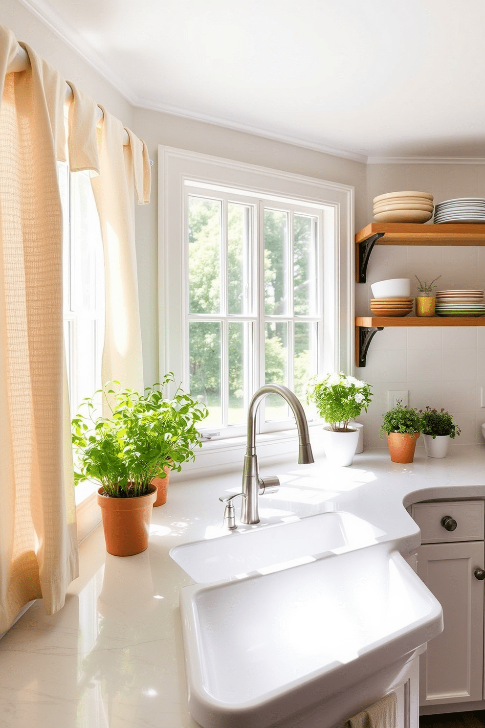 A bright summer kitchen filled with natural light. Airy linen curtains frame the windows, allowing sunlight to filter through and create a warm atmosphere. The kitchen features a large farmhouse sink with a brushed nickel faucet. Open shelving displays colorful dishware and potted herbs, adding a fresh touch to the space.